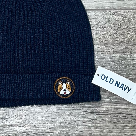 NWT Old Navy Pom Winter Hat 18-24 Months Navy Blue | French Bulldog Emblem Hat - Picture 5 of 8